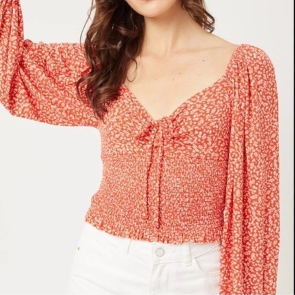 Love Tree Red Smocked Tie-Front Long Sleeve Crop Top